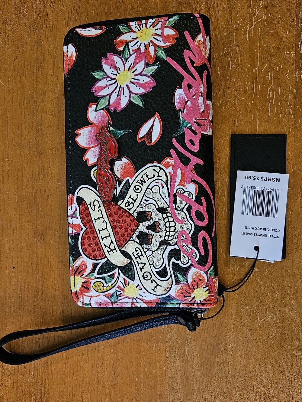 NWT Ed Hardy Black & Pink Floral Wallet with Skull Graphic "Love Kills Slowly"